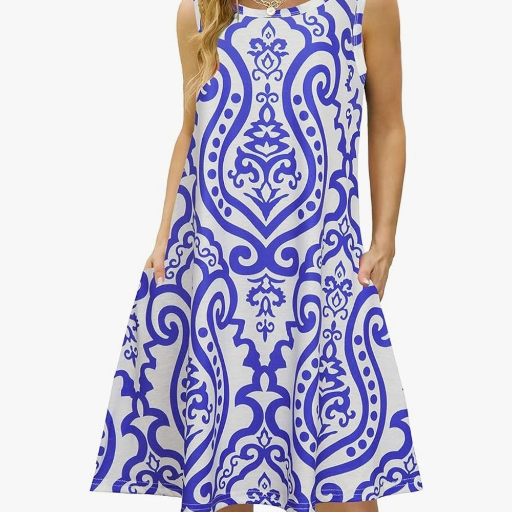 Sleeveless A Line Blue and White Women's Casual Dress Amazon Spring and Summer
